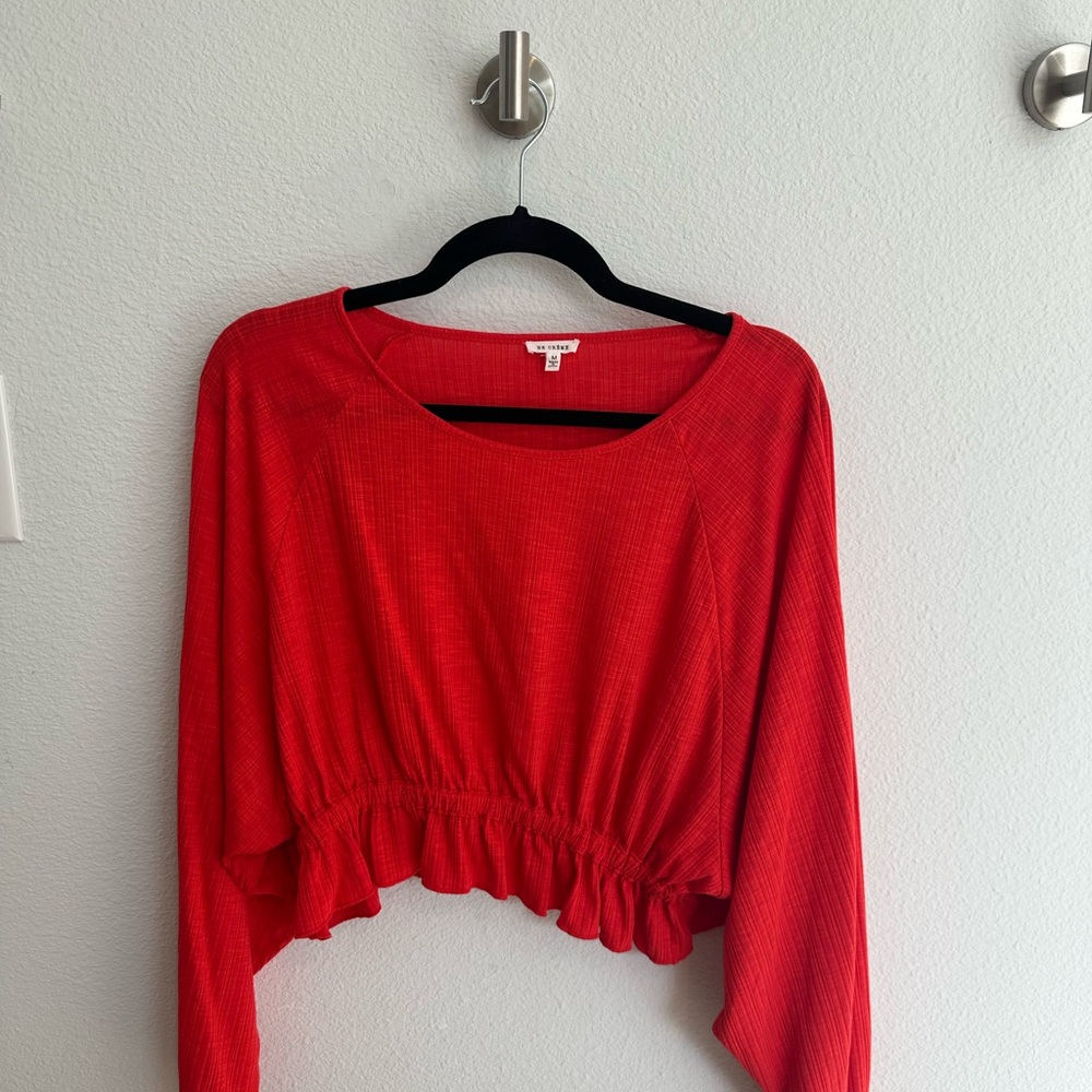Vici Red Ribbed Cropped Long-Sleeve Top